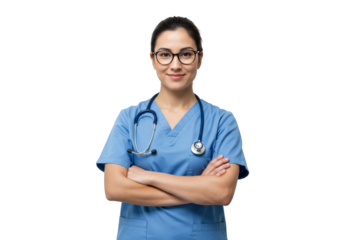 Confident young adult woman in blue scrubs, stethoscope, subtle glasses, standing on transparent studio background, radiating expertise and professionalism, concept of quality healthcare