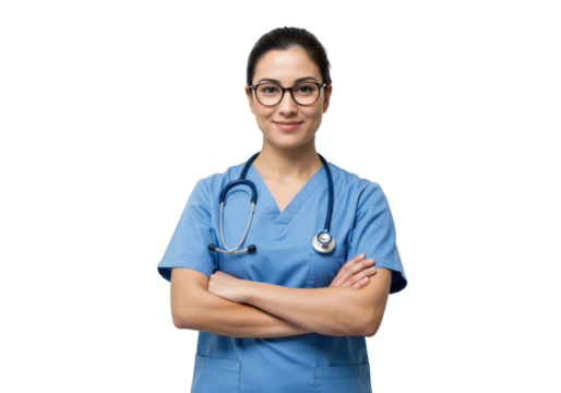 Confident young adult woman in blue scrubs, stethoscope, subtle glasses, standing on transparent studio background, radiating expertise and professionalism, concept of quality healthcare