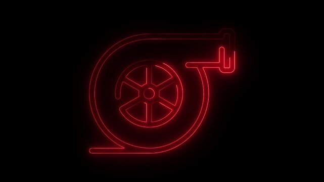 glowing neon turbo icon isolated, black background, HD motion graphic animation. Red Neon Turbocharger Icon Animation Glowing on Black Background Futuristic Automotive