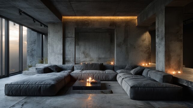Spacious modern living room with cozy seating and ambient candlelight at dusk - Powered by Adobe