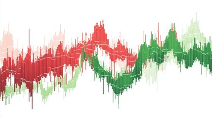 A colorful digital graphic representing fluctuating data trends, featuring green and red vertical bars indicating changes in values over time.