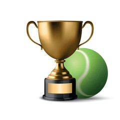 Vector 3d Realistic Golden Trophy Cup Icon with Tennis Ball. Sports Award Illustration for Tennis Tournament, Match Victory, Champion Prize, Sports Event Design, Competition Reward, Winner Concept