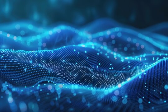 Abstract blue digital waves with glowing dots and lines, modern background with technological motion and depth effects