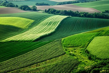 Fototapeta premium Green Farming Landscape with Various Crops and Trees from Above View in the Countryside