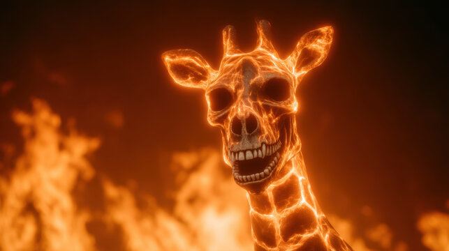 Fiery glowing giraffe skeleton with burning flames creating spooky Halloween atmosphere in dark background