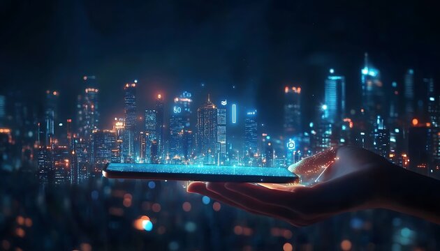 Hand Holding Phone Showing Glowing Cityscape Hologram, Digital Network View, Night