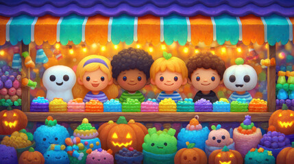Fototapeta premium Cute Halloween carnival game booth with colorful candy, pumpkins, and children smiling happily under bright lights