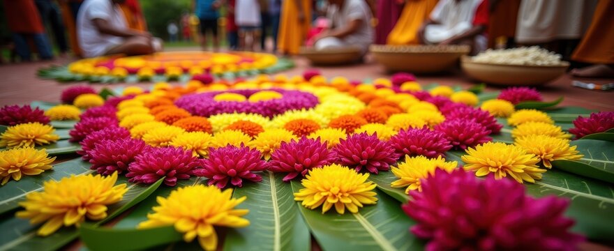 Malayali festival scene with vibrant flower rangoli on the left, celebrating Kerala culture and harvest traditions, subject on the right with clear copy space, emphasizing Indian festival ambiance.