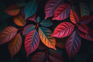  closeup of colorful autumn leaves with red, purple, and orange hues on a dark background