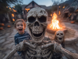 Fototapeta premium Halloween skeleton decoration with child in background near fire pit at dusk, creating spooky and festive atmosphere in neighborhood