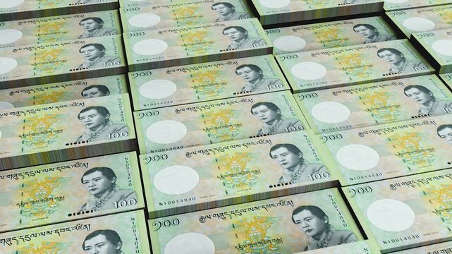 Bhutan 100 Ngultrum Banknote Horizontal 3D Animation - Money and Finance Concept