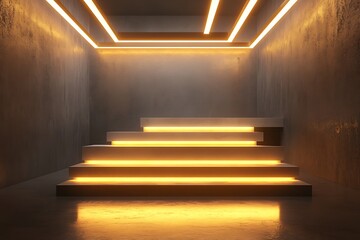 Illuminated Steps in Minimalist Interior with Golden Lighting Design and Concrete Wall