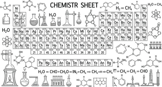 A chemistry sheet filled with elements, equations, and lab equipment in black and white drawing style
