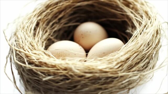 Eggs in straw nest isolated on white background  