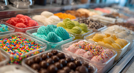 Colorful Ice Cream Toppings Selection with Various Candies and Sprinkles at a Self-Serve Dessert Bar