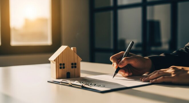 Signing a contract near a small wood house model by a bright window