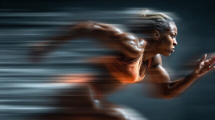 African American woman running with speed motion blur. Sprinter in action for sports ads. Healthy lifestyle, fitness concept.