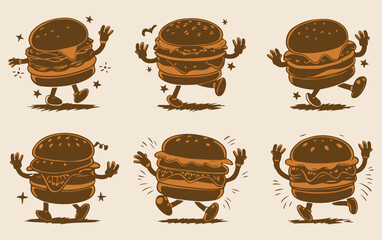 Set of playful cartoon burgers with arms and legs, each in a lively pose. They express joy and movement, surrounded by small stars, on a beige background.