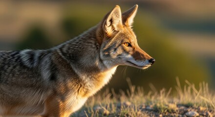 Obraz premium Close-up profile of a coyote in a grassy field during golden hour