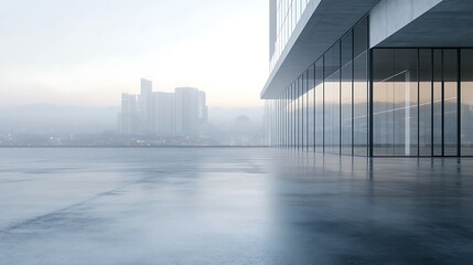 Modern Building Facade Glass Windows, Concrete Floor and Distant City View