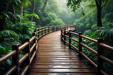 Obraz premium a wet wooden walkway winds through a lush, green forest with sunlight filtering through the trees