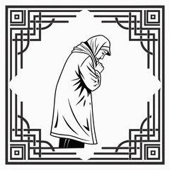 A solitary figure wearing a headscarf and robe bows in prayer within an ornate decorative border