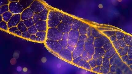 Microscopic Leaf Vein Abstract Art, Golden Veins on Purple Background