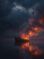 Fototapeta premium abandoned boat engulfed in flames on dark water dramatic smoke rising against a moody sky creating intense and unsettling atmosphere at twilight