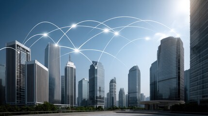 Modern city skyline showcasing advanced technology with interconnected buildings and digital connectivity during a clear sunny day