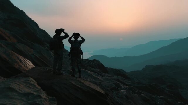 Two soldiers standing on a rocky mountain. Silhouette of Indian and Chinese soldiers standing on rocky Himalayan border, india china border, muted cold tones, dramatic lighting