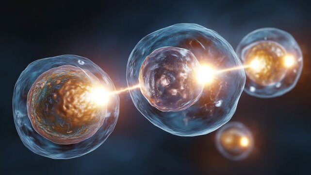 Scientific 3D illustration showing stepwise germline stem cell division into cystoblast, fusome branching, and hemifusome formation, realistic cell textures, educational diagram style