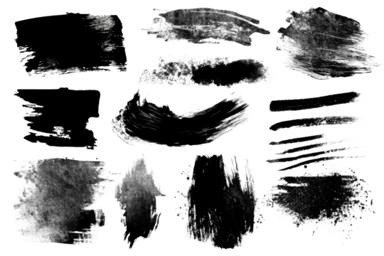 Set of black paint ink grunge dirty brush strokes