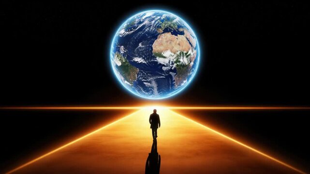 A lone figure walks down a glowing orange path towards the earth in space, symbolizing a journey of discovery and future exploration