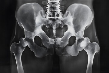 Pelvis Radiograph Xray Hip Joints, Spine, Femur Bones, and Medical Scan on Black