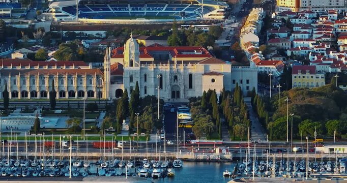 Aerial view of Jeronimos Monastery at Lisbon. Landscape Lisbon at sunny day, Portugal