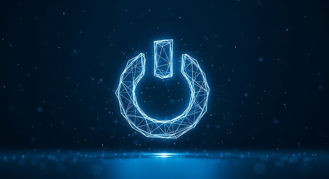 Abstract blue glowing low poly power button icon on dark blue background with bokeh effect, digital art style, modern technology concept