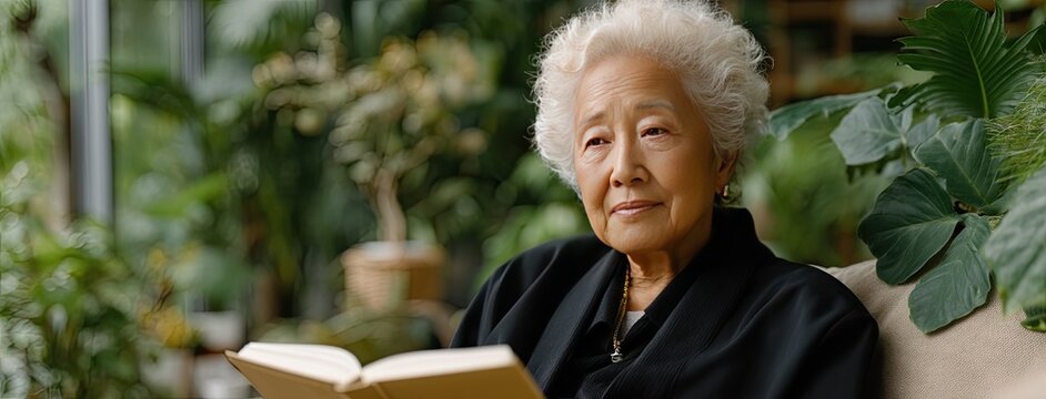 Elderly woman enjoys reading a book in a sunlit indoor garden filled with lush greenery while seated comfortably on a cozy chair