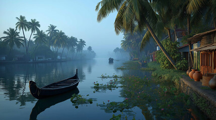 Kerala Backwaters, India, With Traditional Boat