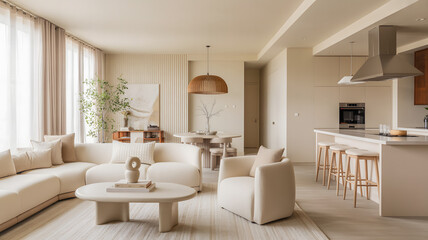 Modern neutral living room and kitchen with comfortable sectional sofa and island