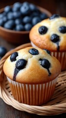 Freshly baked blueberry muffins and a basket of ripe blueberries on a bamboo mat in a warm kitchen
