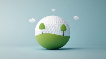 Surreal 3D Golf Ball in Simplified Landscape with Trees and Clouds