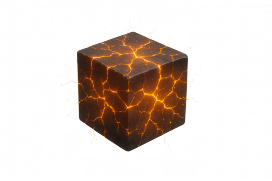 Glowing molten rock radiating intense heat inside cracked geometric cube, revealing fiery geological energy against translucent surface