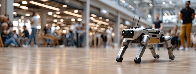 Obraz premium Robot dog explores a busy indoor space while people engage in various activities at a technology event in the afternoon