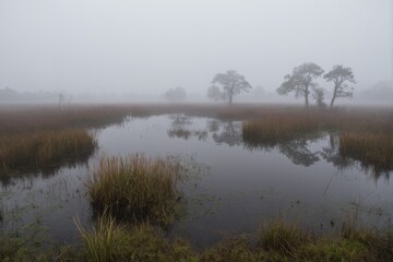 Fototapeta premium Nebelverhangenes Sumpfgebiet mit reflektierenden Bäumen