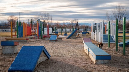 Dog agility park, autumn sunset, dog training