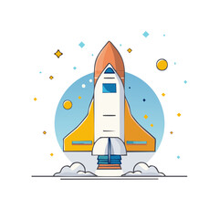 Fototapeta premium Illustration of a launching rocket ship emitting smoke with stars and planets on a blue background.