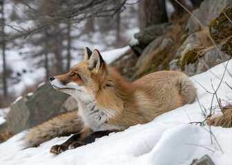 A red fox lies on snow near rocks in a winter forest