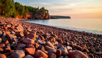 Sunrise over a pebbled beach