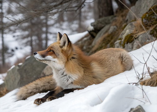 A red fox lies on snow near rocks in a winter forest