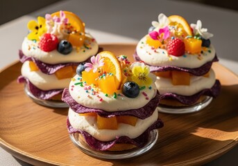 Three delicious fruit cakes with cream and fresh toppings